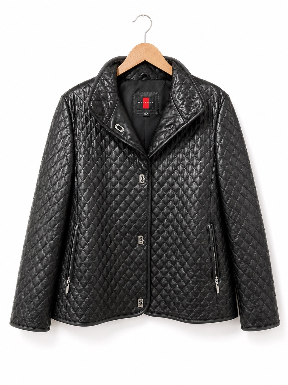 Gallery Black Quilted Leather Jacket Size Large Diamond Stitch Zip Pocket Coat
